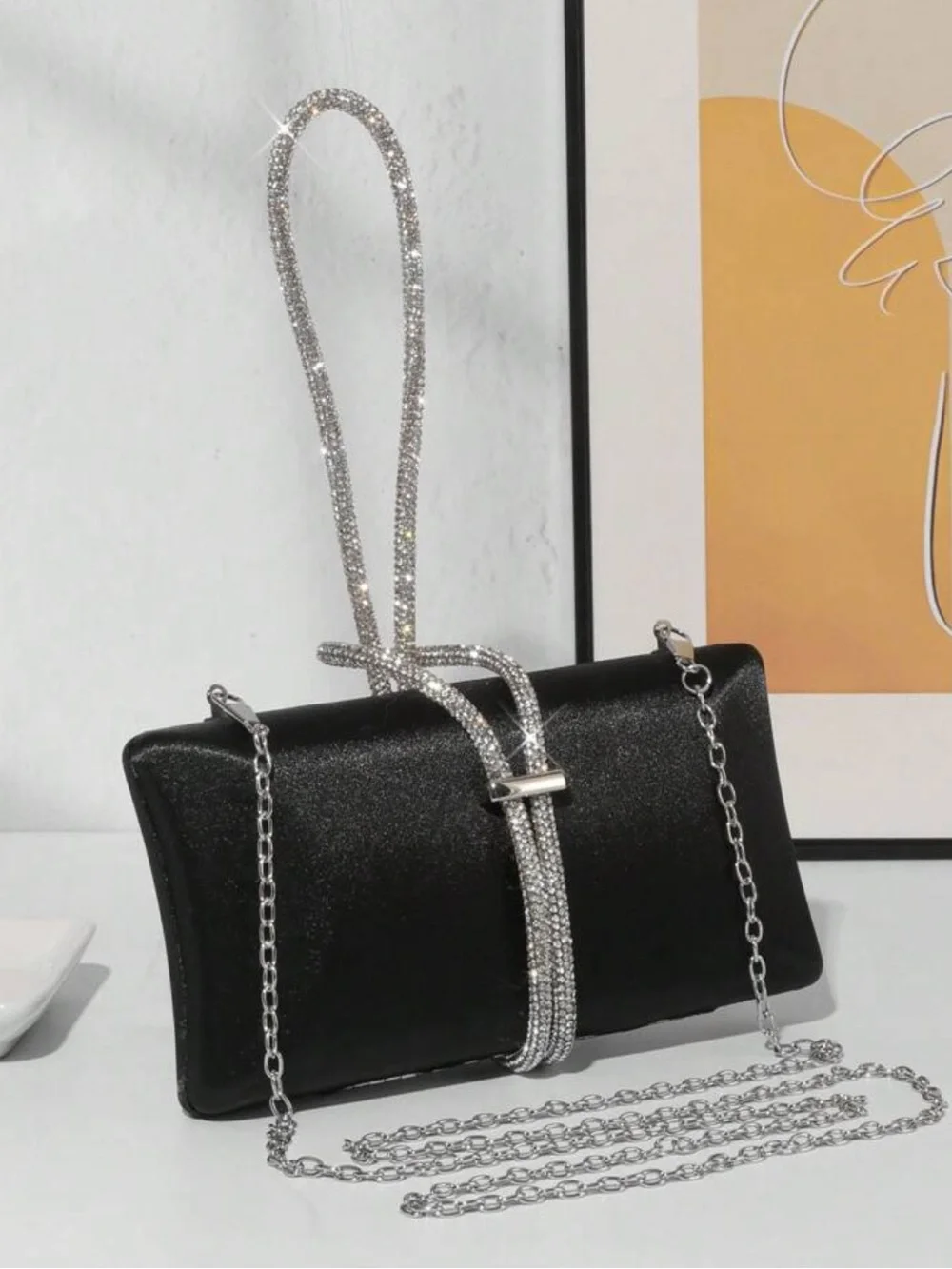 Black Evening Clutch with Crystal Strap